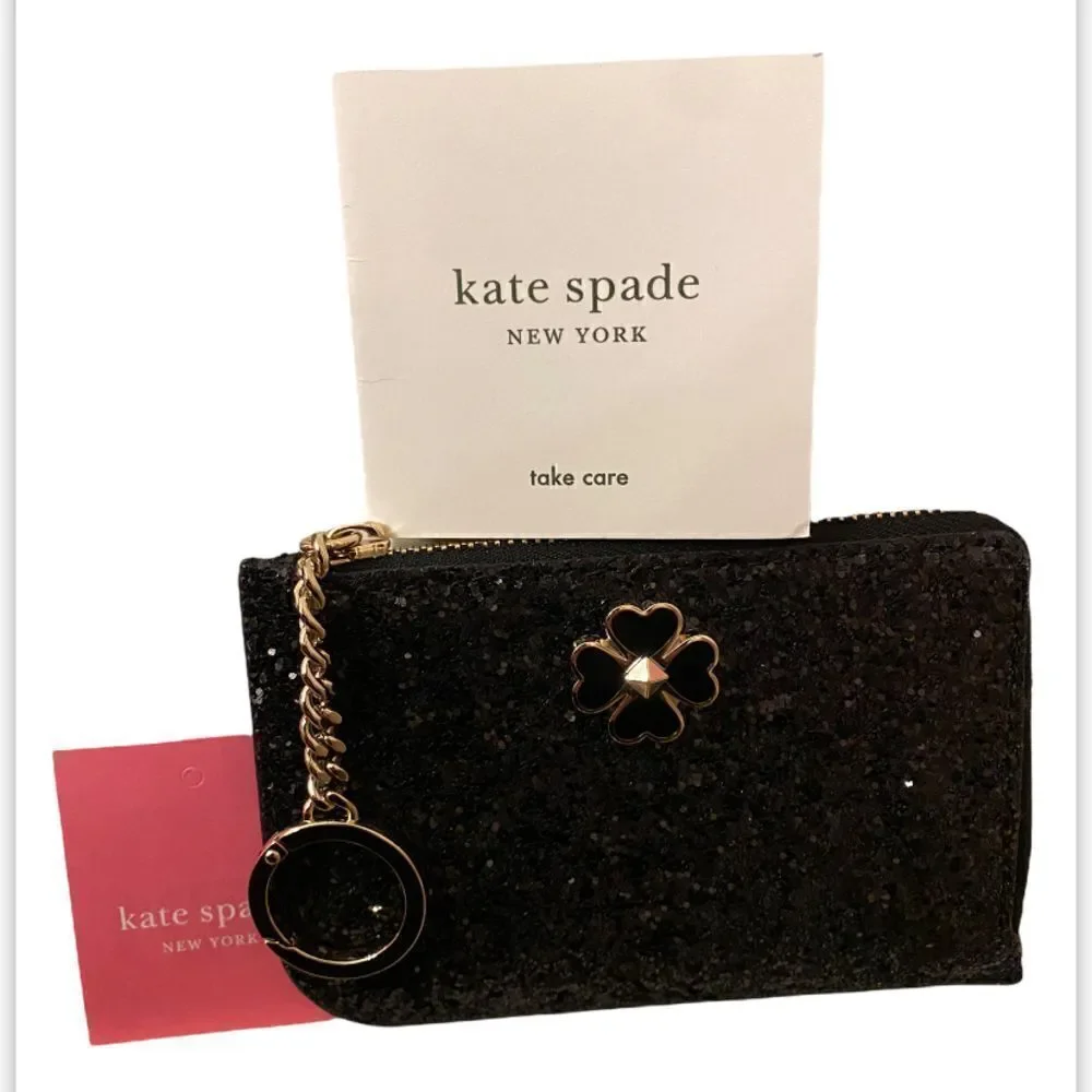 Kate Spade Odette Black Glitter L Zip Card Case Holder NWT